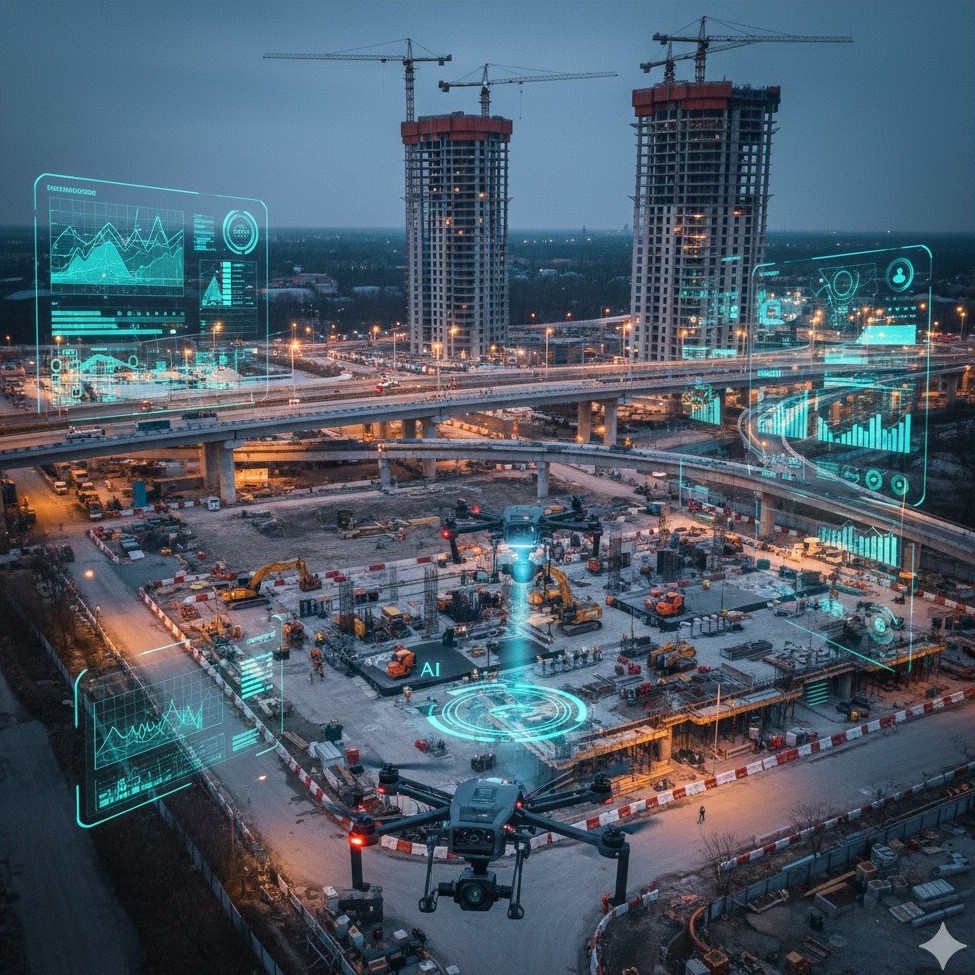 Construction of new apartments overlaid with information graphs.