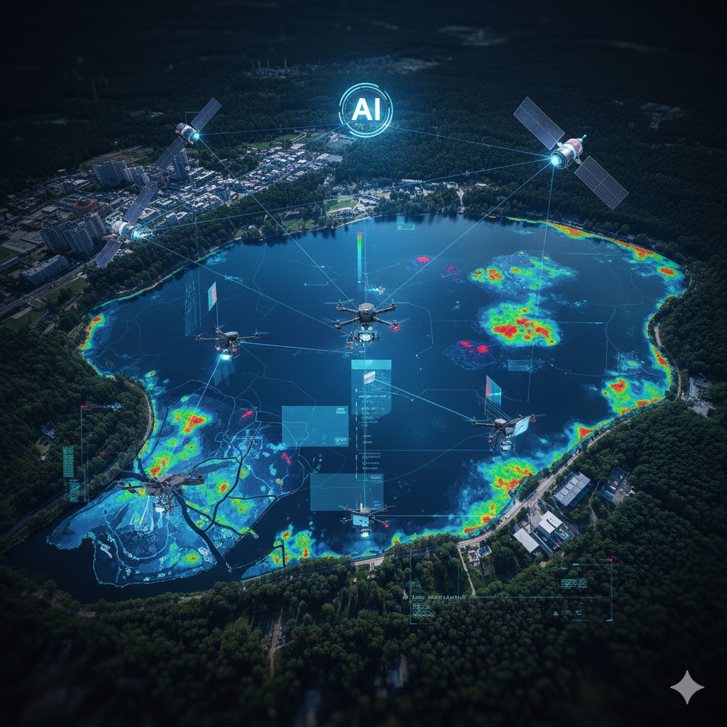 Drones flying over a lake and analyzing its water quality.