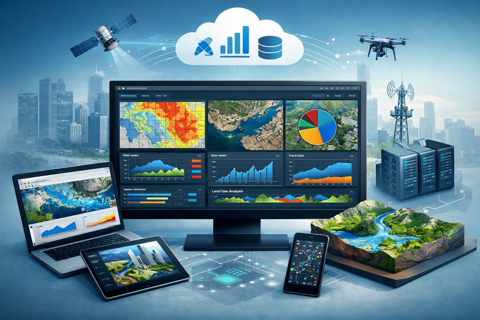 A monitor containing a digital dashboard showcasing graphs and multiple interactive maps.